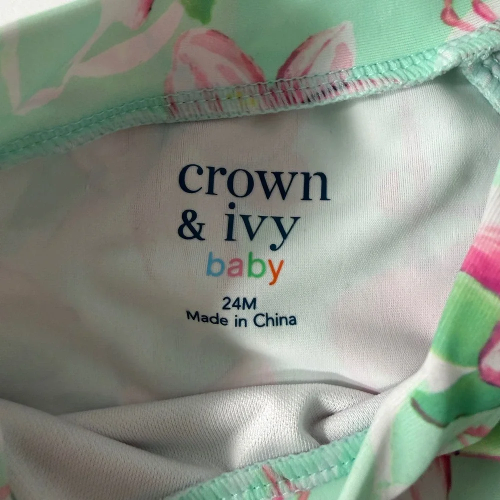 Crown & Ivy‎ Baby Girls 24M Flamingo Rash Guard Swimsuit Set Pink Mint Stripe